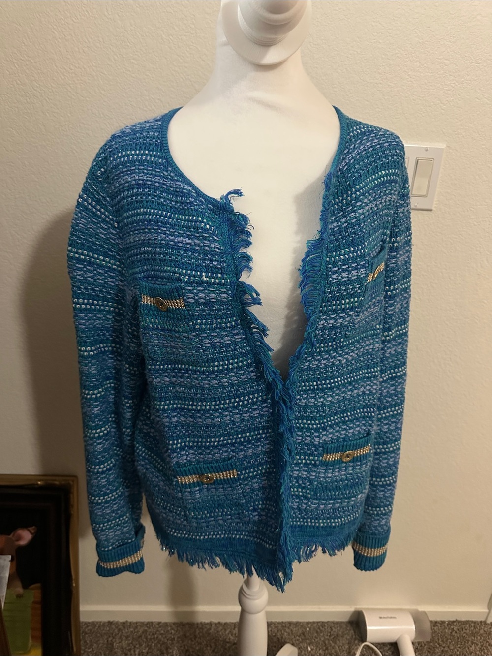 Lilly Pulitzer Teal & Blue Fringe Knit Cardigan